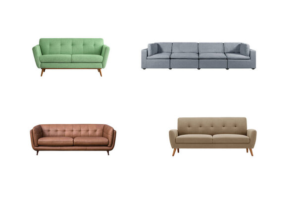 Four different style sofas isolated on white background. Series of furniture