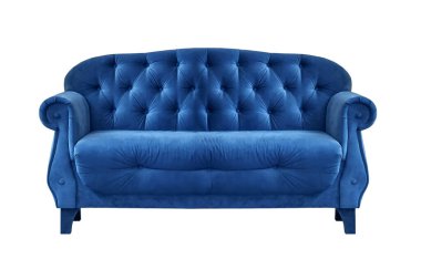 Mavi örtülü klasik kanepe beyaz arka planda izole edilmiş. Mobilya serisi