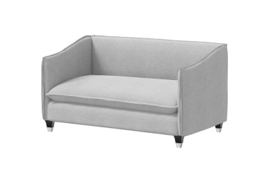 Siyah ahşap üzerinde beyaz kumaş kanepe ve beyaz arka planda nikel metal bacaklar. Mobilya serisi