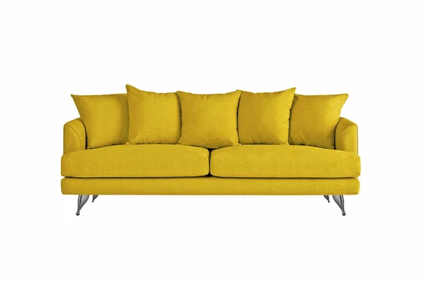 Yellow fabric sofa on brushed metal legs with pillows isolated on white background. Series of furniture