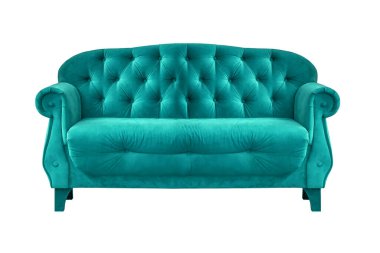Beyaz arka planda izole edilmiş turkuaz kumaşlı klasik kanepe. Mobilya serisi