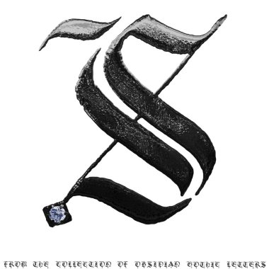 Gotik tarzda siyah obsidiyen S harfi beyaz arka planda mavi elmasla süslenmiş. 3D görüntüleme, kırpma yolu. Obsidian Gotik Latin alfabe koleksiyonundan metin ve tasarım için