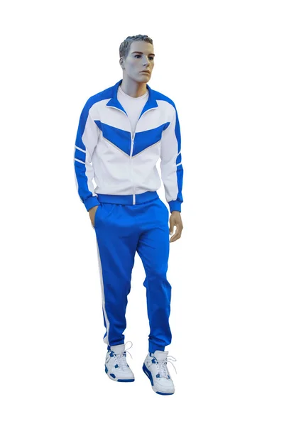 Männliche Schaufensterpuppe Voller Länge Gekleidet Stilvollem Blau Mit Weißer Sportbekleidung — Stockfoto