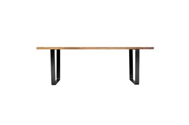 Siyah metal bacaklı, ceviz ağacından yapılmış ahşap masa beyaz arka planda kırpma yolu ile izole edilmiş.