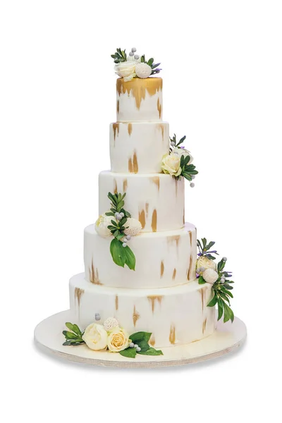 Fünfstufige Hochzeitstorte Mit Blumen Isoliert Auf Weißem Hintergrund Mit Clipping — Stockfoto