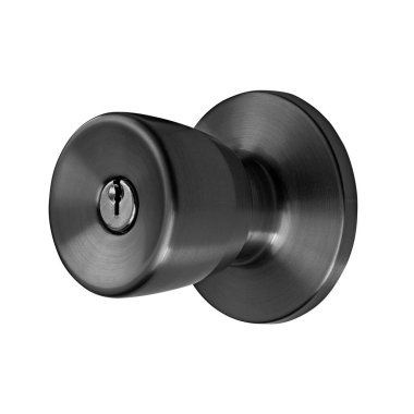 Yuvarlak siyah fırçalı metal kapı kolu, sapı. Kapı eşyalar için. Siyah dekoratif element kırpma yolu ile beyaz arkaplanda izole edildi. Mobilya serisi