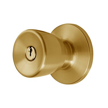 Fırçalanmış altın yuvarlak kapı kolu, sapı. Kapı eşikleri için bronz ve altın mobilyalar. Matt Brass dekoratif elemanı kırpma yolu ile beyaz arkaplanda izole edildi. Mobilya serisi