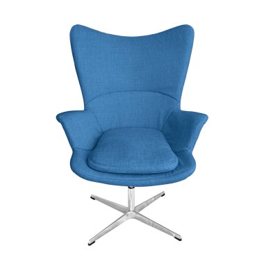 Blue luxury office armchair on nickel metal base with clipping path isolated on white background. Front view. Series of furniture