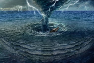 Korkunç bir kasırganın olduğu kıyamet sahnesi, denizdeki dev bir girdap dramatik gök gürültüsü bulutları altında arkasında yıldırım olan büyük bir gemiyi yutuyor.