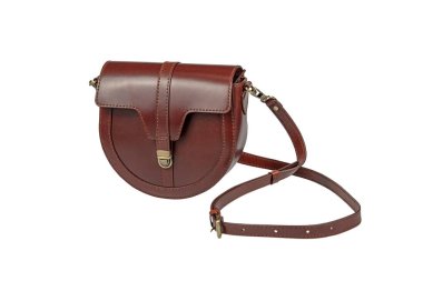 Zarif, kahverengi, hakiki, deri, zarif kadın çantası. Beyaz arka planda kırpma yolu ile izole edilmiş modaya uygun bir kadın çantası.