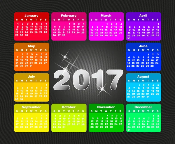 Calendário colorido para 2017. Semana começa no domingo — Vetor de Stock