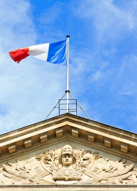 Rüzgarda yüzen ve miğferli (Paris, Fransa Cumhuriyeti başkanı Fransız bayrağı)