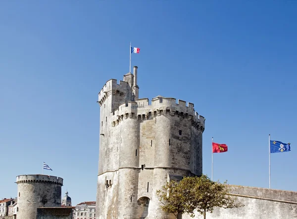 Harbor of La Rochelle, fortifications and flags, Charente-Maritime France — Stock Photo, Image