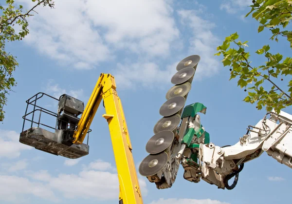 Cup boat in a tree and plant world. Industrial machines for cutting trees — Stock Photo, Image