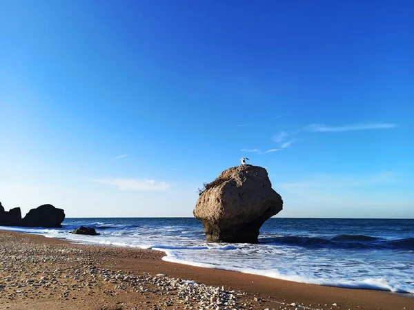 野生の石のビーチで岩に対して海の波がクラッシュします 穏やかな海の水 青空に白い雲 海の残りだ 大きな石 — ストック写真