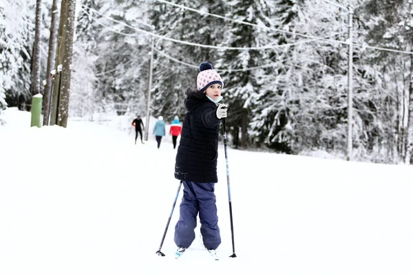 Little Girl Skiing Winter Forest Stock Image