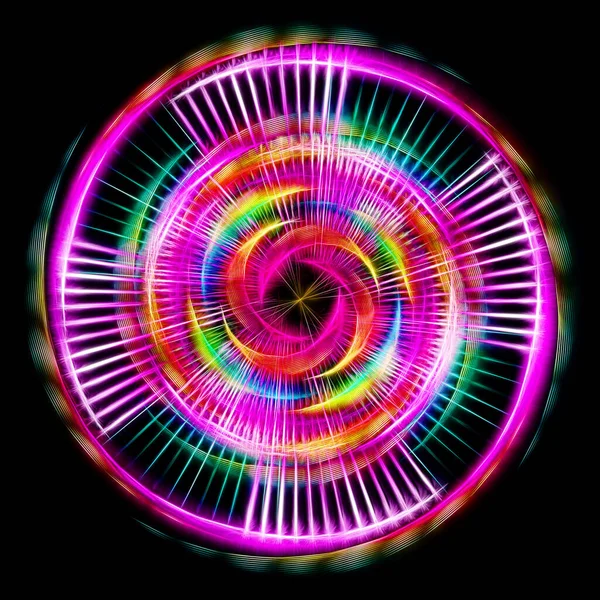 neon bright patterns from repeating elements located on a black background. a circle. mandala. spirograph. logo template