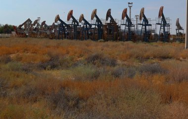 Kazakistan 'ın batısındaki Atyrau şehrinin yakınlarında petrol pompalama platformları. 23 Ağustos 2024.