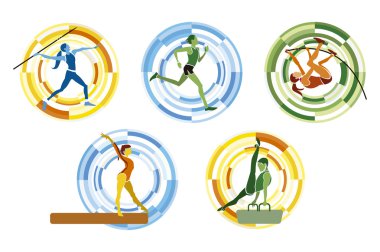 Five different sports disciplines on a circular background. clipart