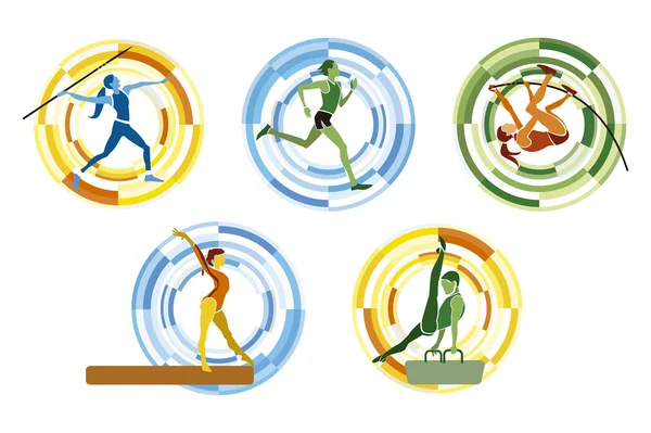 Cinco disciplinas deportivas diferentes sobre un fondo circular . — Vector de stock