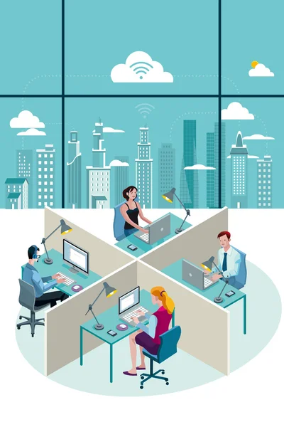 Office Workers Sitting and City — Stock Vector