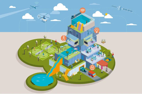 Personas que viven en un edificio residencial inteligente — Archivo Imágenes Vectoriales