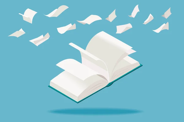 Libro blanco y hojas de papel Volando — Vector de stock