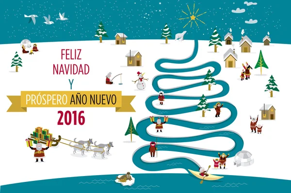 Tarjeta de Navidad 2016 con esquimales Español — Vector de stock