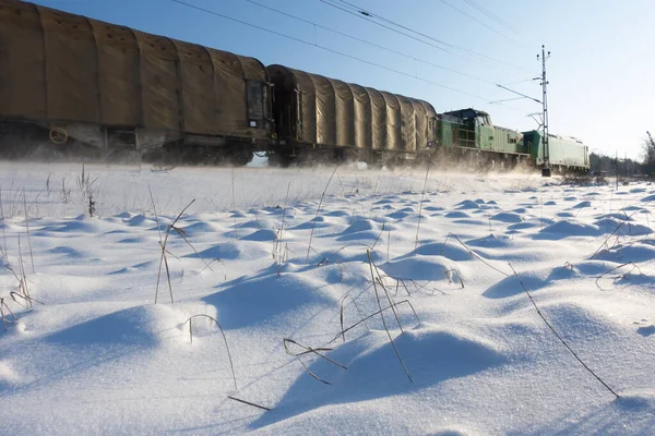 Paisagem Inverno Com Trem Movimento Ligeiramente Turvo — Fotografia de Stock