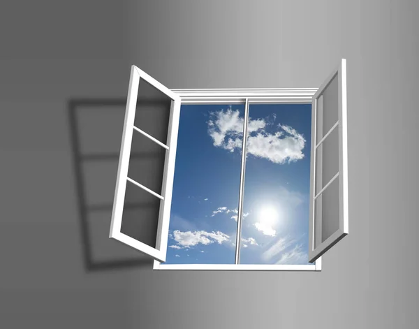 Design Nízkým Úhlem Pohledu Otevřené Okno Modrou Oblohou Sluncem Venku — Stock fotografie