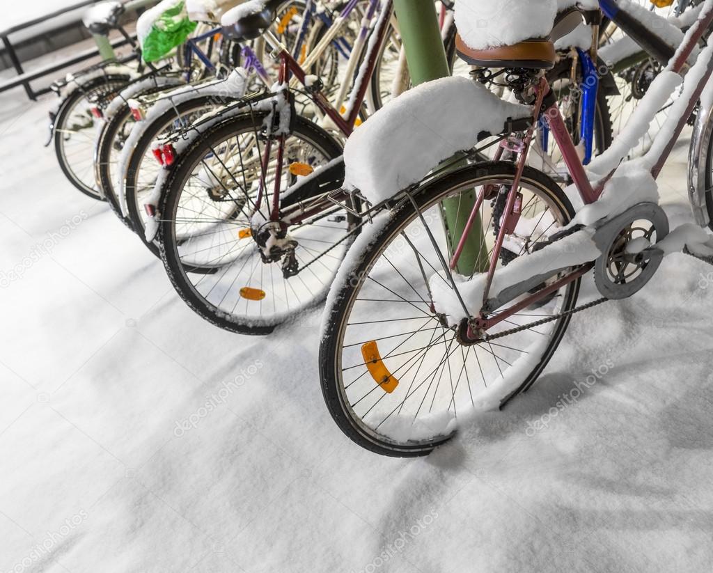 Row of bicycles with snow