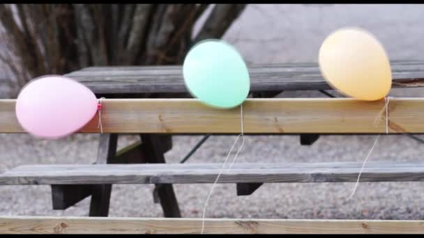 Colorful balloons in bench — Stock Video