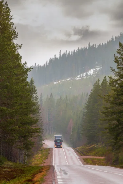 Lastwagen auf schmaler Straße in Waldgebiet — Stockfoto