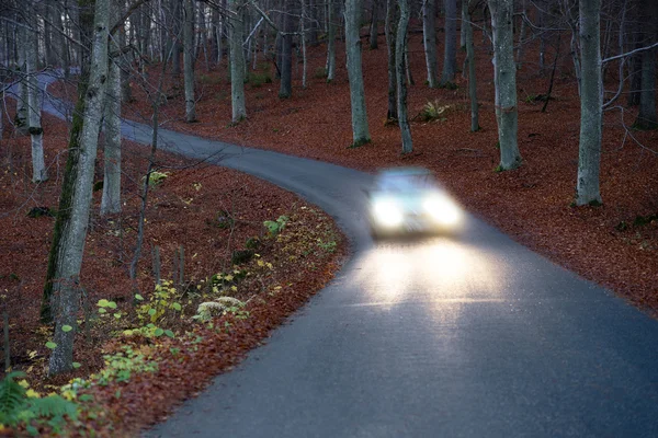 Car with headlights on country road — Stock Photo, Image