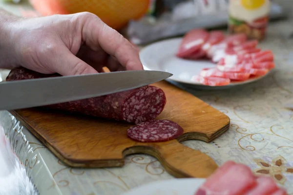 Delicious Uncooked Smoked Sausages Cutting Kitchen Wooden Board — Stock Photo, Image