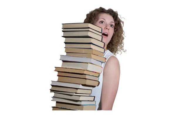 Curly Menina Segurando Uma Enorme Pilha Livros Isolados Fundo Branco — Fotografia de Stock