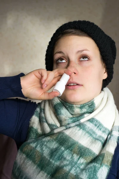 Girl Sprays Spray Runny Nose Nasal Pass — Stock Photo, Image