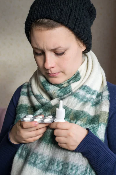 Sick Girl Holding Spray Cold Pills — Stock Photo, Image