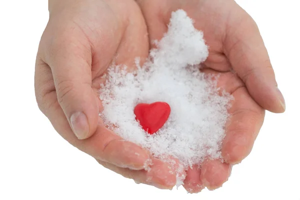 Hands Giving Red Heart Snow Valentine Day Theme Donation Isolated — Stock Photo, Image