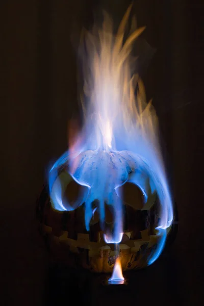Ijesztő Halloween Tök Égő Kék Láng Egy Fekete Háttér — Stock Fotó