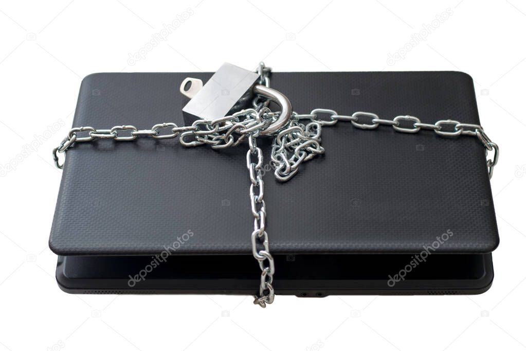 Laptop wrapped in a chain isolated on a white background, computer security theme