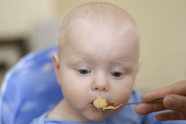 Annem komik oğlunu kaşıkla elma püresiyle besler.