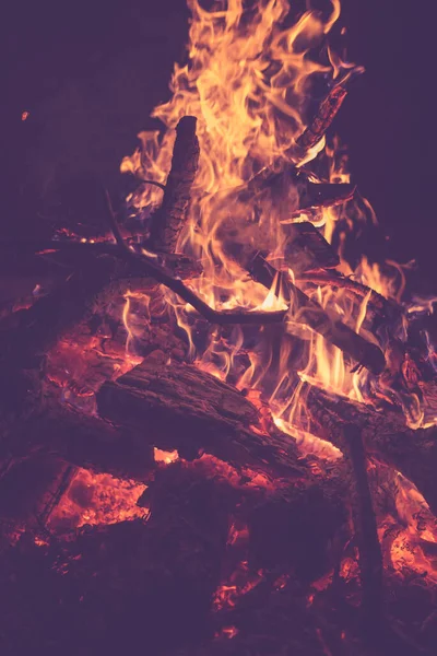 Fényesen Égő Faágak Tűzben Éjjel Közelkép Tónus — Stock Fotó