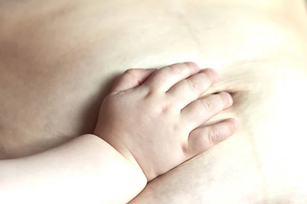 Bebê Toca Barriga Mãe Depois Vários Meses Após Parto Close — Fotografia de Stock