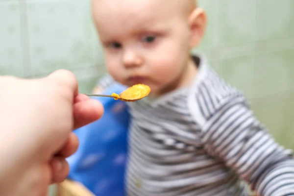 Little Boy Closed Mouth Does Want Eat — Stock Photo, Image
