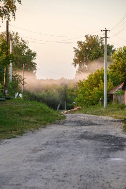 Sisli bir yaz gününde köyün kenarlarında çalı ve ağaçların yetiştiği toprak bir yol.
