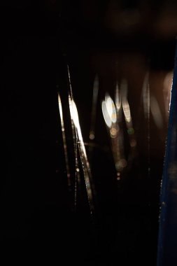 Ağ üzerinde su damlacıklarından geçen ışık, odak dışı fotoğraf, sihirli arka plan