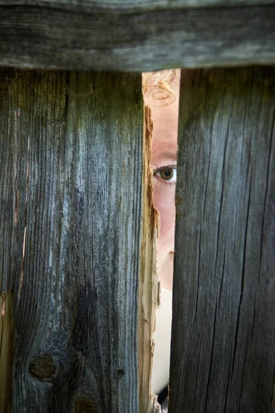 A woman spies through the crack of a wooden fence neighbors
