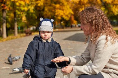 Anne ve küçük oğlu sonbaharda parkta güvercinleri besliyor..