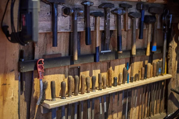 Old Tools Hammers Files Different Sizes Wooden Wall — Stock Photo, Image